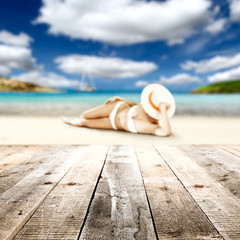 desk and woman in bikini 