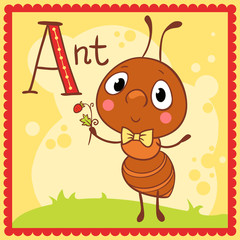 Illustrated alphabet letter A and ant. Animals.