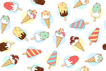 Colorful seamless pattern with ice cream different pastel color in line graphic