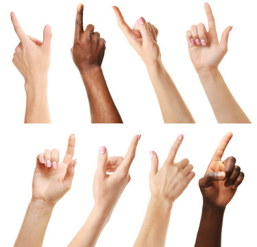 Set of different hands touching or pointing to something, isolated on white