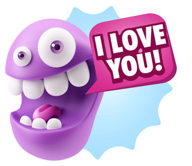 3d Rendering Smile Character Emoticon Expression saying I Love Y