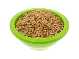 Small bowl filled with organic spelt isolated on a white background.