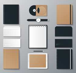 Corporate identity template set. Business stationery mock-up with logo. Branding design. Notebook, card, catalog, pen, pencil, badge, tablet pc, mobile phone, letterhead.