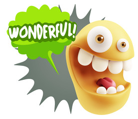 3d Rendering Smile Character Emoticon Expression saying Wonderfu