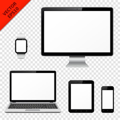 Computer monitor, laptop, tablet pc, mobile phone and smart watch isolated on transparent background