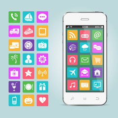 Mobile phone with apps icons. Vector illustration.