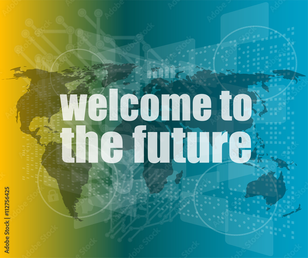 Poster time concept: words welcome to the future on digital screen, 3d vector quotation marks with thin lin