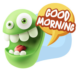 3d Rendering Smile Character Emoticon Expression saying Good Mor