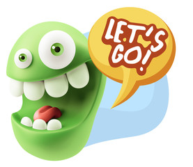 3d Rendering Smile Character Emoticon Expression saying Let'S Go
