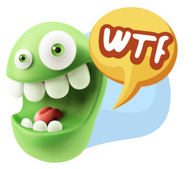 3d Rendering Smile Character Emoticon Expression saying WTF with