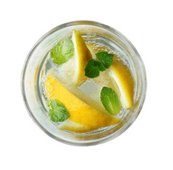 Fresh cocktail with soda, lemon on white background