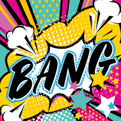 Pop art Bang quote type. Bang, explosion decorative halftone poster template vector illustration.
