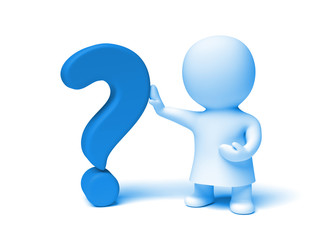 3d person in shades of blue wearing a gown holding a question mark (3D illustration isolated on a white background)