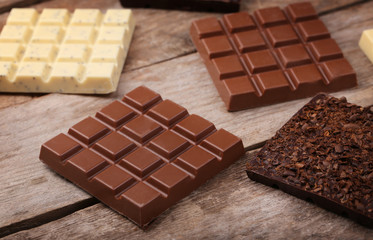 Chocolate bars on wooden background