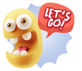 3d Rendering Smile Character Emoticon Expression saying Let'S Go