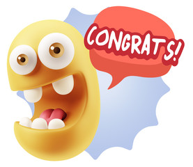 3d Rendering Smile Character Emoticon Expression saying Congrats