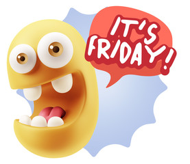 3d Rendering Smile Character Emoticon Expression saying It's Fri