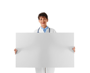 Professional doctor with banner, isolated on white