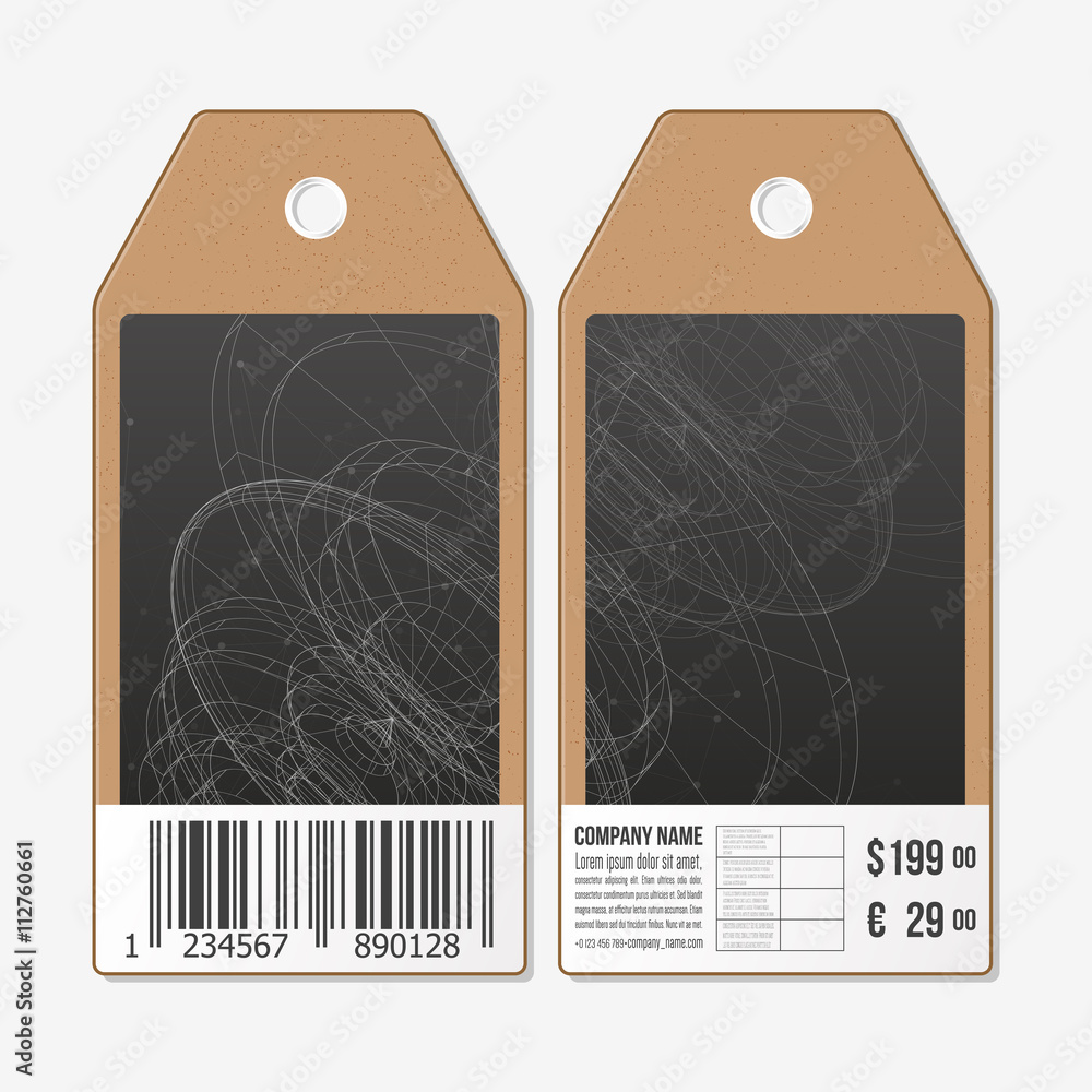 Poster tags design on both sides, cardboard sale labels with barcode. abstract science vector background