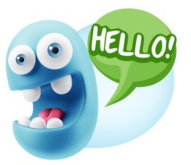 3d Rendering Smile Character Emoticon Expression saying Hello wi