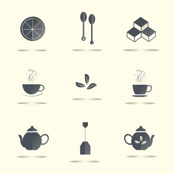 Tea flat icons, dark blue marks on light background, shadow. Lemon slices, tea leaves, sugar cubes, a couple cups, spoons, teapots, tea bag, vector
