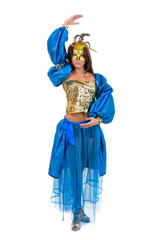 Carnival dancer girl wearing a mask dancing, isolated on white