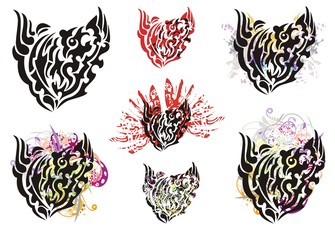 Grunge hearts with a bird. Set of the flaming tribal hearts with floral splashes and wings for your design © lion21