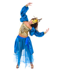 Carnival dancer girl wearing a mask dancing, isolated on white