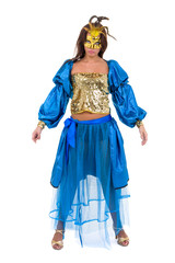 Carnival dancer girl wearing a mask dancing, isolated on white