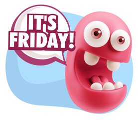 3d Rendering Smile Character Emoticon Expression saying It's Fri