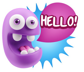 3d Rendering Smile Character Emoticon Expression saying Hello wi