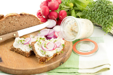 Schmalzbrot mit Kresse, rote Zwiebel und Radieschen