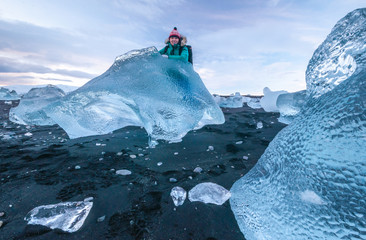 Icebergs on the black sand volcanic beach,  Vatnajokull Glacier, Iceland.