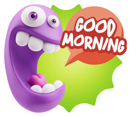 3d Rendering Smile Character Emoticon Expression saying Good Mor