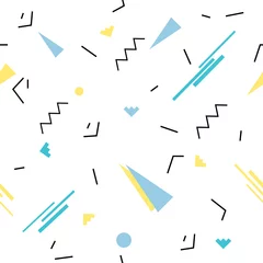Stoff pro Meter Nahtloses geometrisches Muster im Retro-Memphis-Stil der 80er Jahre. Gelbe rosa Dreiecke, Linien, Kreise auf weißem Hintergrundmuster. © spacewo
