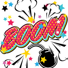 Boom comics icon vector illustration with bomb, splash and stars
