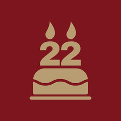 The birthday cake with candles in the form of number 22 icon. Birthday symbol. Flat