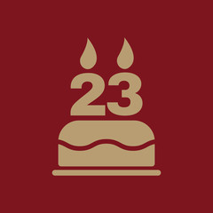 The birthday cake with candles in the form of number 23 icon. Birthday symbol. Flat
