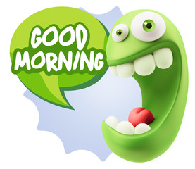 3d Rendering Smile Character Emoticon Expression saying Good Mor