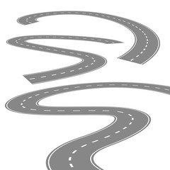 Curving winding road or highway with center cartoon illustration isolated on white