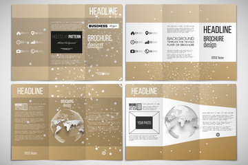 Set of tri-fold brochure design template on both sides with world globe element. Abstract polygonal low poly backdrop, connecting dots and lines, golden background, connection structure. Digital or