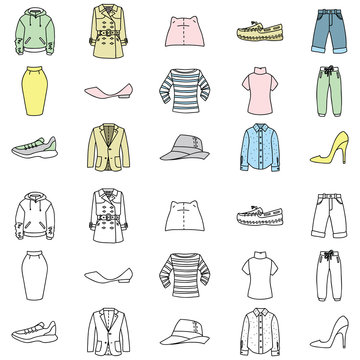 Set of spring clothing icons. Vector doodle illustration