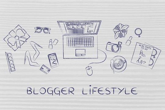 fashion & beauty objects next to laptop, blogger lifestyle