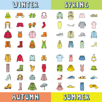 Big set of clothing icons (winter, spring, summer and autumn clothing). Vector doodle illustration.