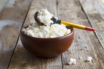Homemade cottage cheese in a clay plate