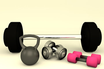 Obraz na płótnie Canvas 3D rendering of Dumbbells and Kettlebell weight