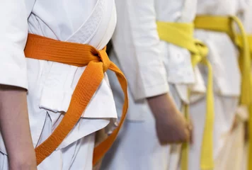 Photo sur Plexiglas Arts martiaux Enfants avec des ceintures colorées en kimono assis en ligne sur une classe d& 39 arts martiaux. Mise au point sélective