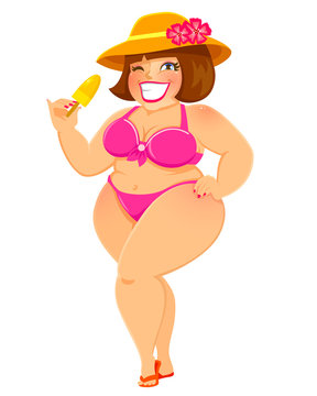 cute curvy girl in a bikini holding a popsicle
