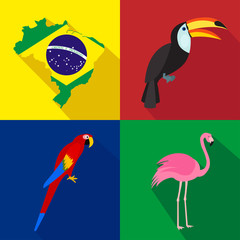 Brazil. Toucan. Parrot. Flamingo. Summer time. Cartoon set of icons.