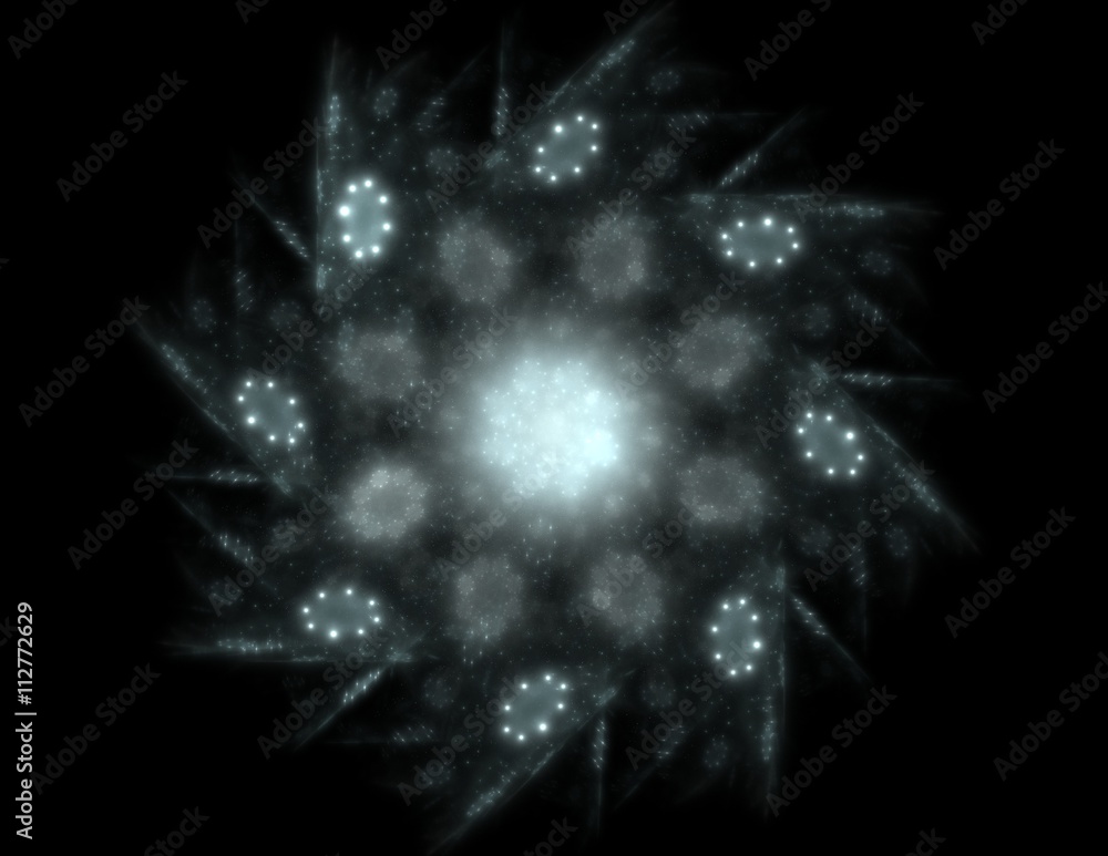 Poster particles of abstract fractal forms on the subject of nuclear physics science and graphic design. ge
